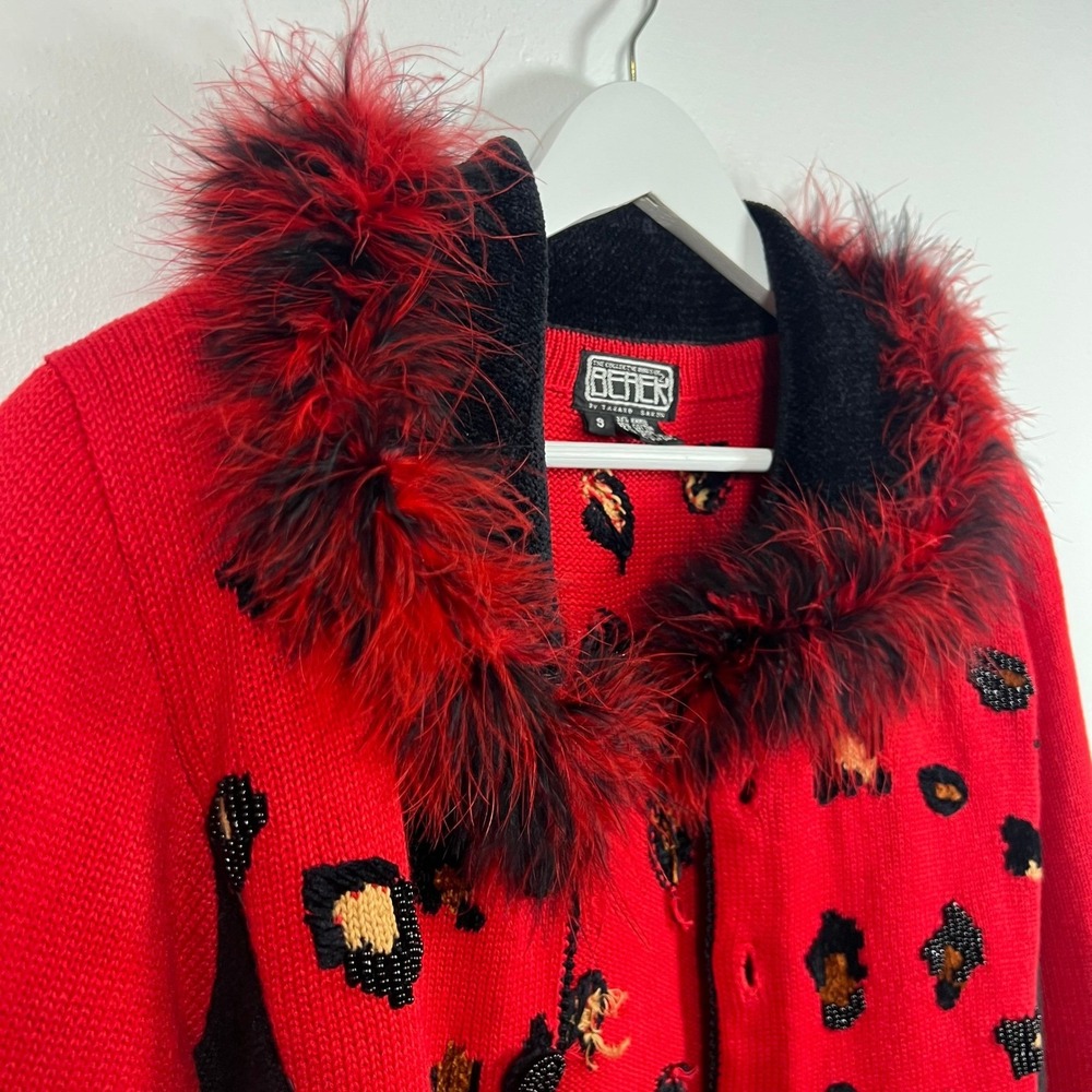 VTG Berek Leopard Print Knit Cardigan Sweater Beaded 90s Maximalist Bold Sz. S - Picture 4 of 13
